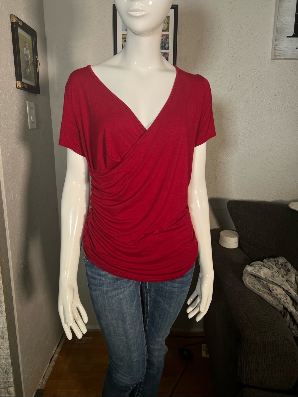 Ruched Faux-Wrap Short Sleeve Top in Red
